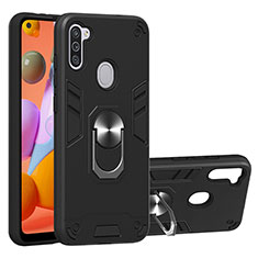 Silicone Matte Finish and Plastic Back Cover Case with Magnetic Finger Ring Stand Y01B for Samsung Galaxy A11 Black