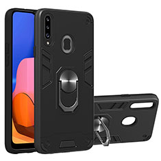 Silicone Matte Finish and Plastic Back Cover Case with Magnetic Finger Ring Stand Y01B for Samsung Galaxy A20s Black