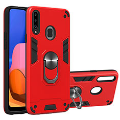 Silicone Matte Finish and Plastic Back Cover Case with Magnetic Finger Ring Stand Y01B for Samsung Galaxy A20s Red