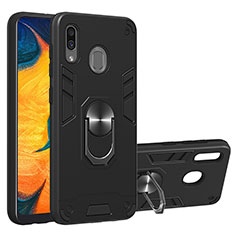 Silicone Matte Finish and Plastic Back Cover Case with Magnetic Finger Ring Stand Y01B for Samsung Galaxy A30 Black