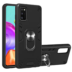 Silicone Matte Finish and Plastic Back Cover Case with Magnetic Finger Ring Stand Y01B for Samsung Galaxy A41 Black