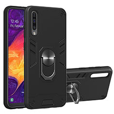 Silicone Matte Finish and Plastic Back Cover Case with Magnetic Finger Ring Stand Y01B for Samsung Galaxy A50 Black