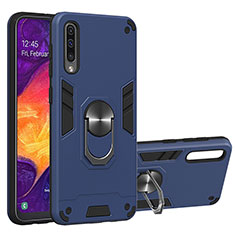 Silicone Matte Finish and Plastic Back Cover Case with Magnetic Finger Ring Stand Y01B for Samsung Galaxy A50 Blue