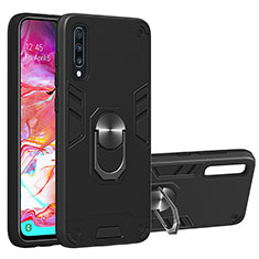 Silicone Matte Finish and Plastic Back Cover Case with Magnetic Finger Ring Stand Y01B for Samsung Galaxy A70 Black