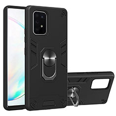 Silicone Matte Finish and Plastic Back Cover Case with Magnetic Finger Ring Stand Y01B for Samsung Galaxy A91 Black