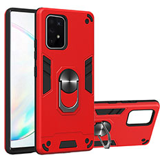 Silicone Matte Finish and Plastic Back Cover Case with Magnetic Finger Ring Stand Y01B for Samsung Galaxy A91 Red