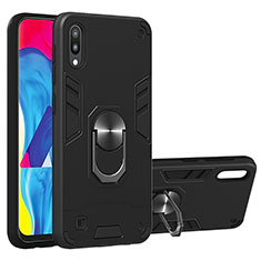 Silicone Matte Finish and Plastic Back Cover Case with Magnetic Finger Ring Stand Y01B for Samsung Galaxy M10 Black