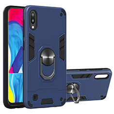 Silicone Matte Finish and Plastic Back Cover Case with Magnetic Finger Ring Stand Y01B for Samsung Galaxy M10 Blue