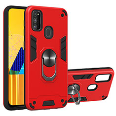 Silicone Matte Finish and Plastic Back Cover Case with Magnetic Finger Ring Stand Y01B for Samsung Galaxy M30s Red