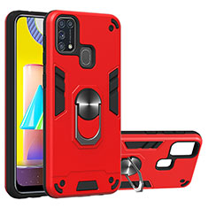 Silicone Matte Finish and Plastic Back Cover Case with Magnetic Finger Ring Stand Y01B for Samsung Galaxy M31 Prime Edition Red