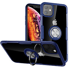 Silicone Matte Finish and Plastic Back Cover Case with Magnetic Finger Ring Stand Y02 for Apple iPhone 11 Blue