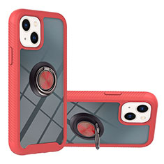 Silicone Matte Finish and Plastic Back Cover Case with Magnetic Finger Ring Stand YB1 for Apple iPhone 13 Red