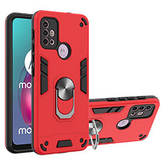 Silicone Matte Finish and Plastic Back Cover Case with Magnetic Finger Ring Stand YB1 for Motorola Moto G10 Power Red