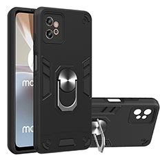 Silicone Matte Finish and Plastic Back Cover Case with Magnetic Finger Ring Stand YB1 for Motorola Moto G32 Black