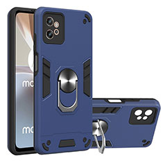 Silicone Matte Finish and Plastic Back Cover Case with Magnetic Finger Ring Stand YB1 for Motorola Moto G32 Blue