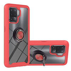 Silicone Matte Finish and Plastic Back Cover Case with Magnetic Finger Ring Stand YB1 for Oppo F19 Pro Red