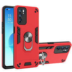Silicone Matte Finish and Plastic Back Cover Case with Magnetic Finger Ring Stand YB1 for Oppo Reno6 5G Red