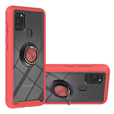 Silicone Matte Finish and Plastic Back Cover Case with Magnetic Finger Ring Stand YB1 for Samsung Galaxy A21s Red