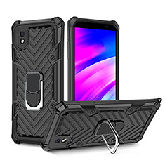Silicone Matte Finish and Plastic Back Cover Case with Magnetic Finger Ring Stand YF1 for Samsung Galaxy A01 Core Black