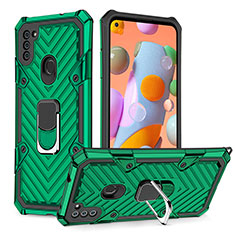 Silicone Matte Finish and Plastic Back Cover Case with Magnetic Finger Ring Stand YF1 for Samsung Galaxy A11 Green