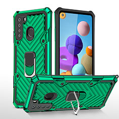 Silicone Matte Finish and Plastic Back Cover Case with Magnetic Finger Ring Stand YF1 for Samsung Galaxy A21 Green