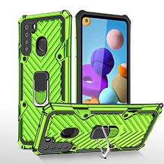 Silicone Matte Finish and Plastic Back Cover Case with Magnetic Finger Ring Stand YF1 for Samsung Galaxy A21 Matcha Green