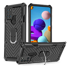 Silicone Matte Finish and Plastic Back Cover Case with Magnetic Finger Ring Stand YF1 for Samsung Galaxy A21s Black