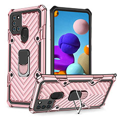 Silicone Matte Finish and Plastic Back Cover Case with Magnetic Finger Ring Stand YF1 for Samsung Galaxy A21s Rose Gold