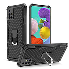 Silicone Matte Finish and Plastic Back Cover Case with Magnetic Finger Ring Stand YF1 for Samsung Galaxy A51 4G Black