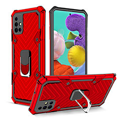 Silicone Matte Finish and Plastic Back Cover Case with Magnetic Finger Ring Stand YF1 for Samsung Galaxy A51 4G Red
