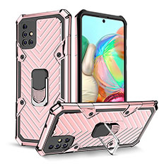 Silicone Matte Finish and Plastic Back Cover Case with Magnetic Finger Ring Stand YF1 for Samsung Galaxy A71 4G A715 Rose Gold