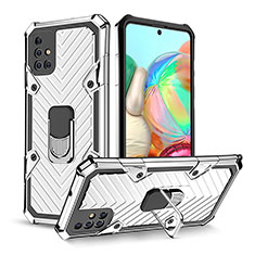 Silicone Matte Finish and Plastic Back Cover Case with Magnetic Finger Ring Stand YF1 for Samsung Galaxy A71 5G Silver