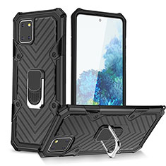 Silicone Matte Finish and Plastic Back Cover Case with Magnetic Finger Ring Stand YF1 for Samsung Galaxy A81 Black