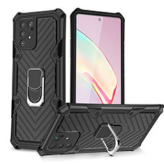 Silicone Matte Finish and Plastic Back Cover Case with Magnetic Finger Ring Stand YF1 for Samsung Galaxy A91 Black