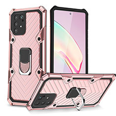 Silicone Matte Finish and Plastic Back Cover Case with Magnetic Finger Ring Stand YF1 for Samsung Galaxy A91 Rose Gold