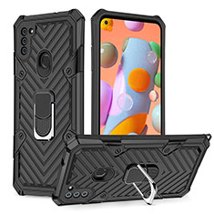 Silicone Matte Finish and Plastic Back Cover Case with Magnetic Finger Ring Stand YF1 for Samsung Galaxy M11 Black