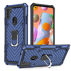 Silicone Matte Finish and Plastic Back Cover Case with Magnetic Finger Ring Stand YF1 for Samsung Galaxy M11 Blue