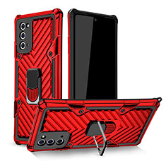 Silicone Matte Finish and Plastic Back Cover Case with Magnetic Finger Ring Stand YF1 for Samsung Galaxy Note 20 5G Red