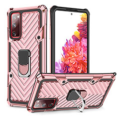Silicone Matte Finish and Plastic Back Cover Case with Magnetic Finger Ring Stand YF1 for Samsung Galaxy S20 FE 4G Rose Gold