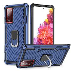 Silicone Matte Finish and Plastic Back Cover Case with Magnetic Finger Ring Stand YF1 for Samsung Galaxy S20 FE 5G Blue