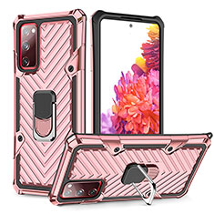 Silicone Matte Finish and Plastic Back Cover Case with Magnetic Finger Ring Stand YF1 for Samsung Galaxy S20 FE 5G Rose Gold