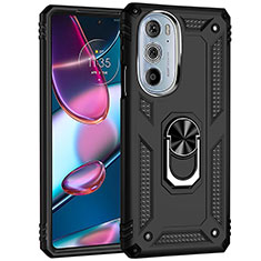 Silicone Matte Finish and Plastic Back Cover Case with Magnetic Finger Ring Stand Z01 for Motorola Moto Edge 30 Pro 5G Black