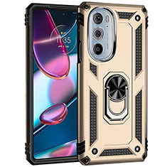 Silicone Matte Finish and Plastic Back Cover Case with Magnetic Finger Ring Stand Z01 for Motorola Moto Edge 30 Pro 5G Gold