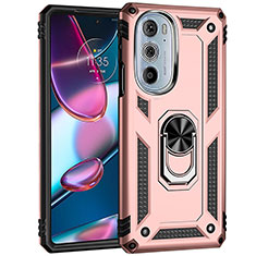 Silicone Matte Finish and Plastic Back Cover Case with Magnetic Finger Ring Stand Z01 for Motorola Moto Edge Plus (2022) 5G Rose Gold