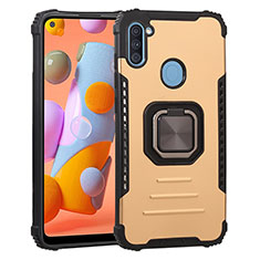 Silicone Matte Finish and Plastic Back Cover Case with Magnetic Finger Ring Stand ZJ2 for Samsung Galaxy A11 Gold