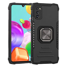 Silicone Matte Finish and Plastic Back Cover Case with Magnetic Finger Ring Stand ZJ2 for Samsung Galaxy A41 Black