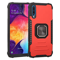 Silicone Matte Finish and Plastic Back Cover Case with Magnetic Finger Ring Stand ZJ2 for Samsung Galaxy A50 Red