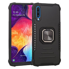 Silicone Matte Finish and Plastic Back Cover Case with Magnetic Finger Ring Stand ZJ2 for Samsung Galaxy A50S Black