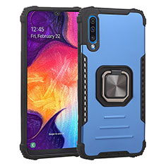Silicone Matte Finish and Plastic Back Cover Case with Magnetic Finger Ring Stand ZJ2 for Samsung Galaxy A50S Blue