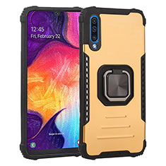 Silicone Matte Finish and Plastic Back Cover Case with Magnetic Finger Ring Stand ZJ2 for Samsung Galaxy A50S Gold